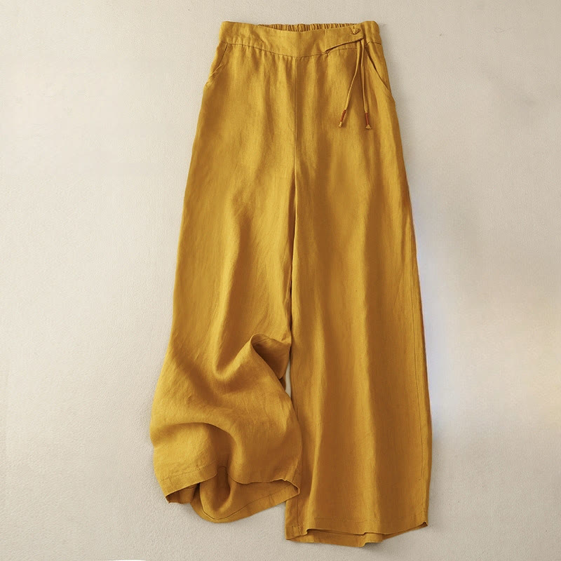 Casual Plain High Waist Women's Cotton Linen Wide Leg Pants With Pockets