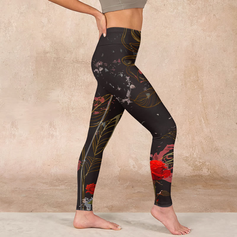 Red Roses Print Gym Leggings Women's Yoga Pants