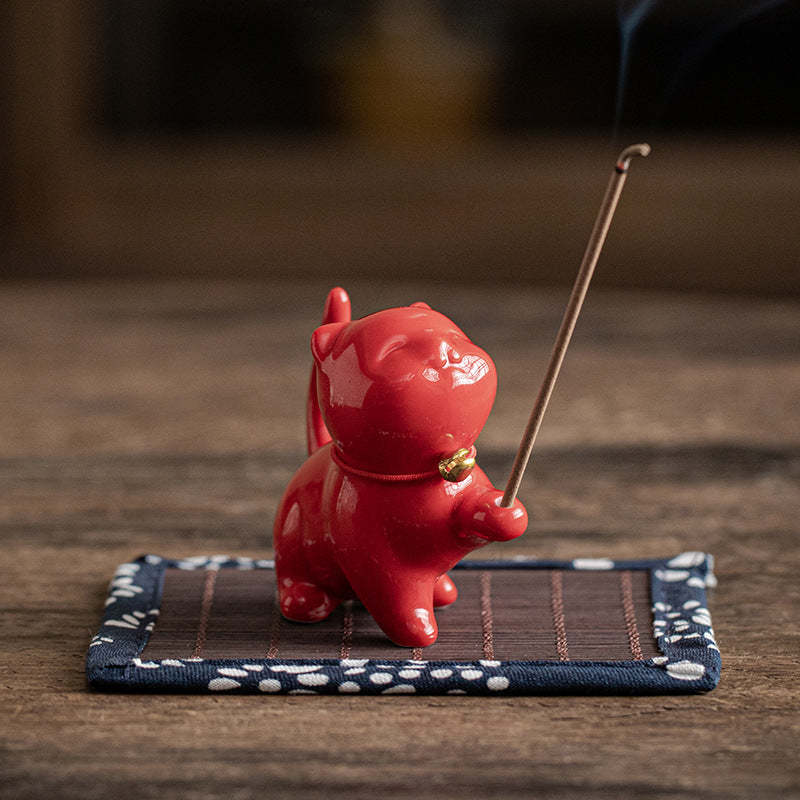 Mini Lucky Cat Kitten Tea Pet Ceramic Home Desk Figurine Decoration With Bamboo Mat
