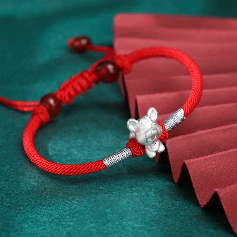 999 Sterling Silver Chinese Zodiac Luck Strength Red String Bracelet