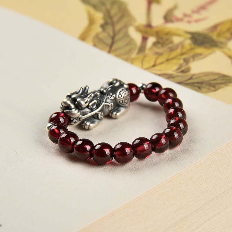 925 Sterling Silver Natural Garnet Moonstone Red Agate PiXiu Wealth Ring