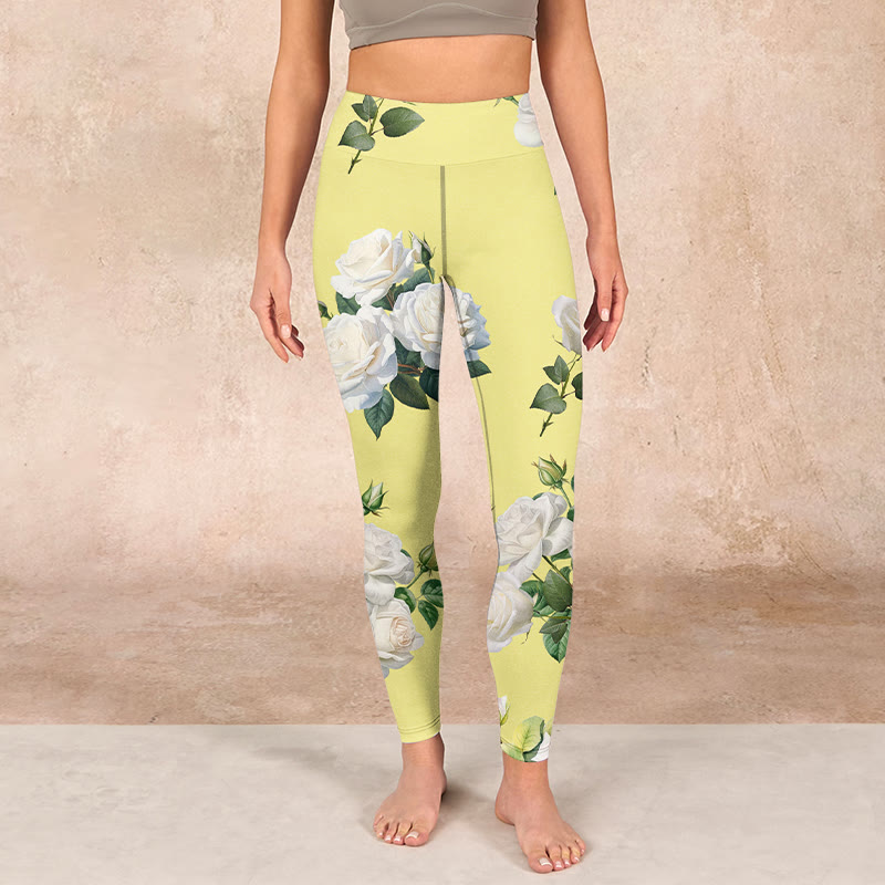 Yellow White Rose Print Sports Leggings Women's Yoga Pants