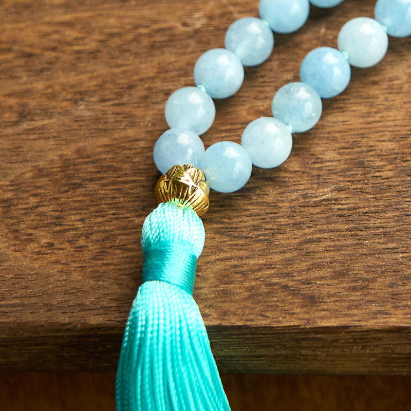108 Mala Beads Natural Stone Aquamarine Tassel Lotus Healing Bracelet