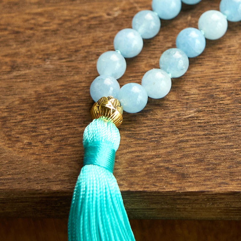 108 Mala Beads Natural Stone Aquamarine Tassel Lotus Healing Bracelet