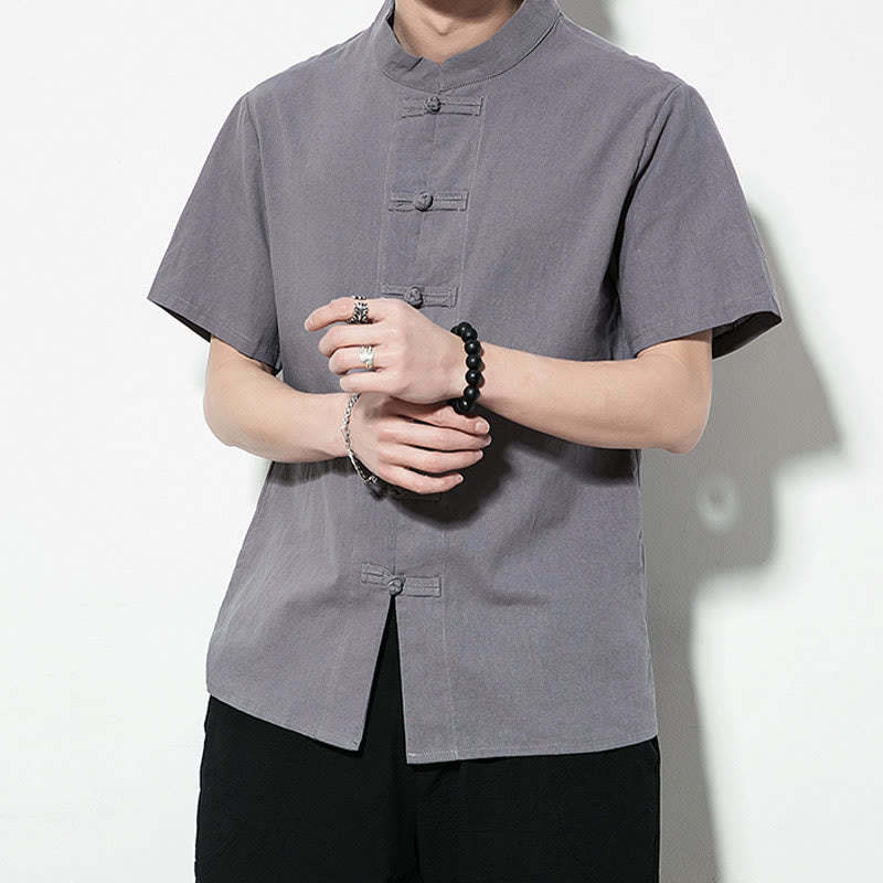 Casual Solid Color Front Frog Buttons Chinese Tang Suit Short Sleeve Linen Men's Shirt