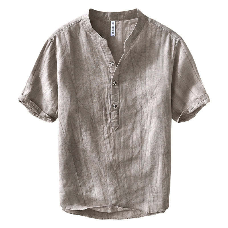 Half Button Short Sleeve V-neck Ramie Cotton Men's Shirt