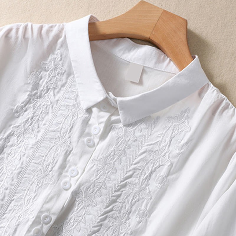 Summer Plain Button Embroidery Flower Pattern Three Quarter Sleeve Lapel Cotton Linen Women's Shirt