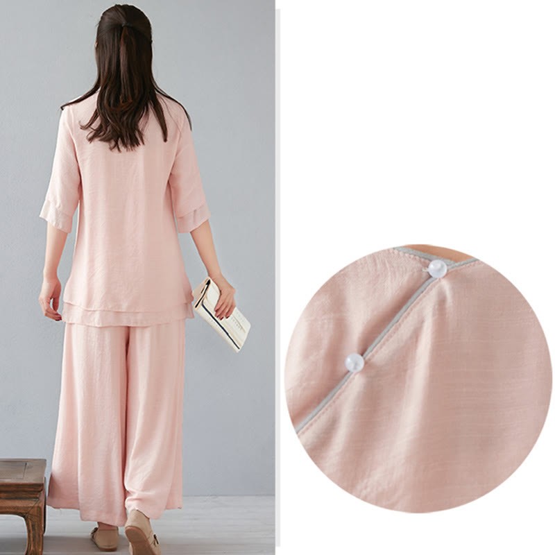 2Pcs Three Quarter Sleeve Long Sleeve Shirt Wide Leg Pants Meditation Cotton Linen Clothing Women's Set