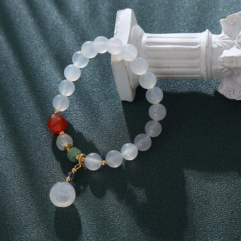 White Agate Red Agate Lotus Pod Charm Luck Bracelet