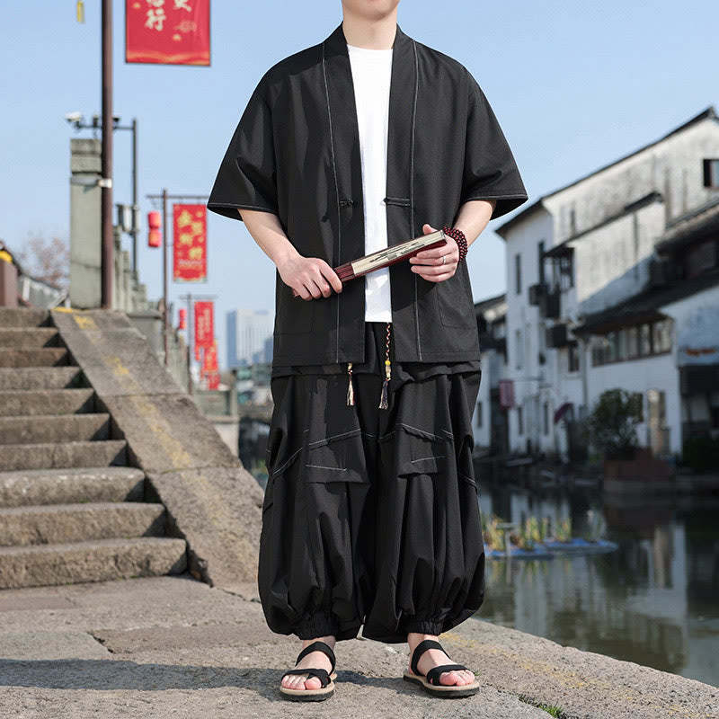 2Pcs Black Frog-Button Cotton Men's Kimono Jacket Drawstring Wide Leg Pants With Pockets