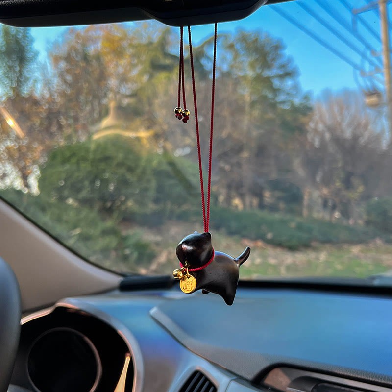 Ebony Wood Green Sandalwood Lucky Cat Fu Character Lucky Fortune Bell Balance Car Hanging Decoration