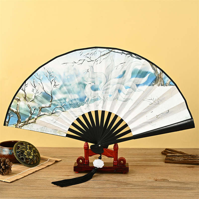Vintage Phoenix Nine-Tailed Fox Flower Bamboo Tiger Handheld Folding Fan Lotus Tassel Fan