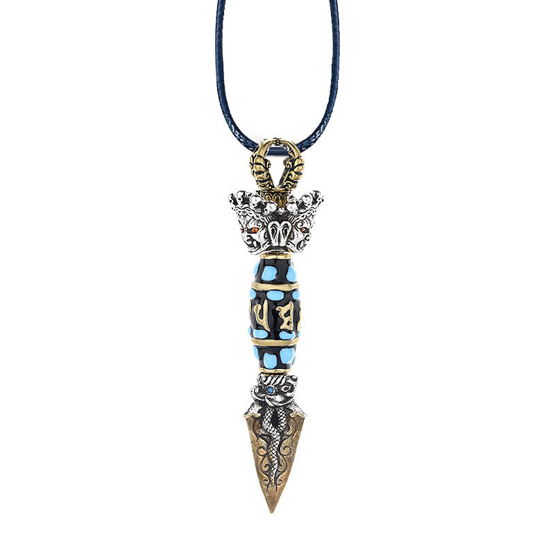 Tibet Om Mani Padme Hum Dzi Bead Dorje Vajra Pattern Wealth Rotatable Necklace Pendant