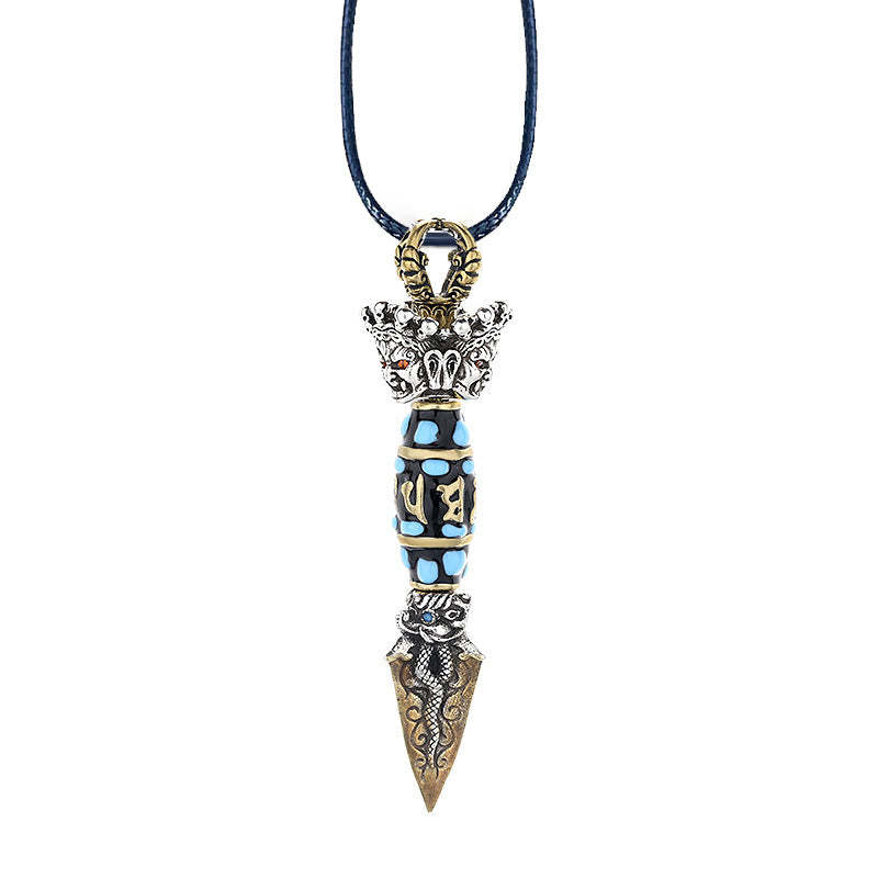 Tibet Om Mani Padme Hum Dzi Bead Dorje Vajra Pattern Wealth Rotatable Necklace Pendant