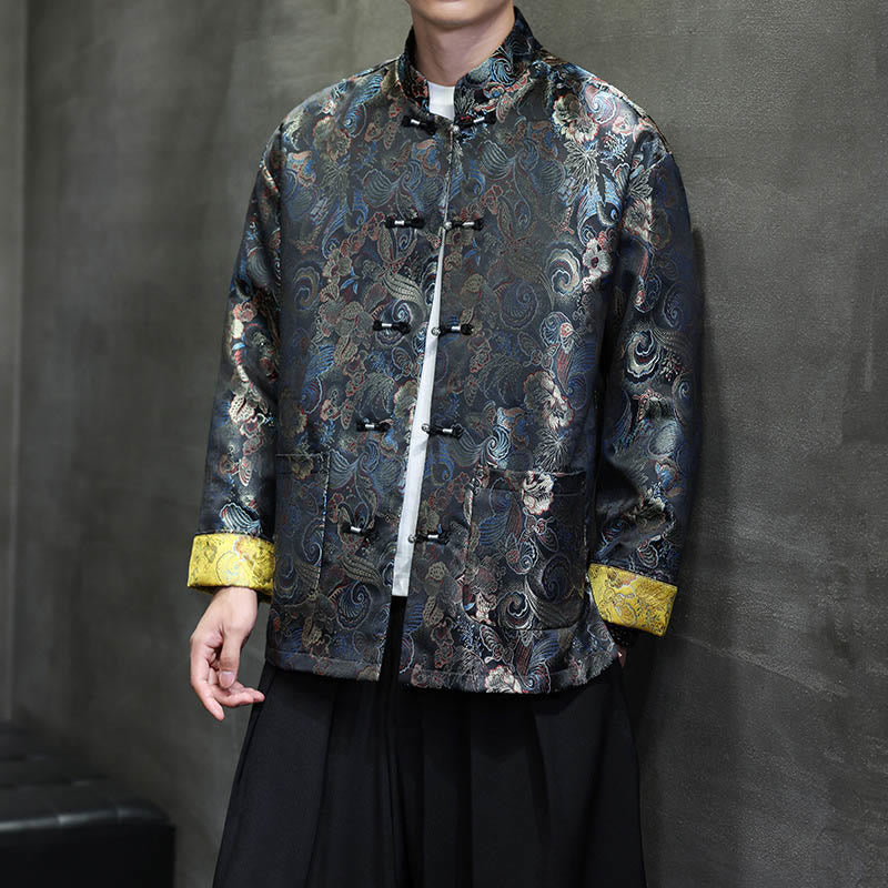 Frog-Button Chinese Tang Suit Stand Collar Long Shirt Men Jacket Clothing