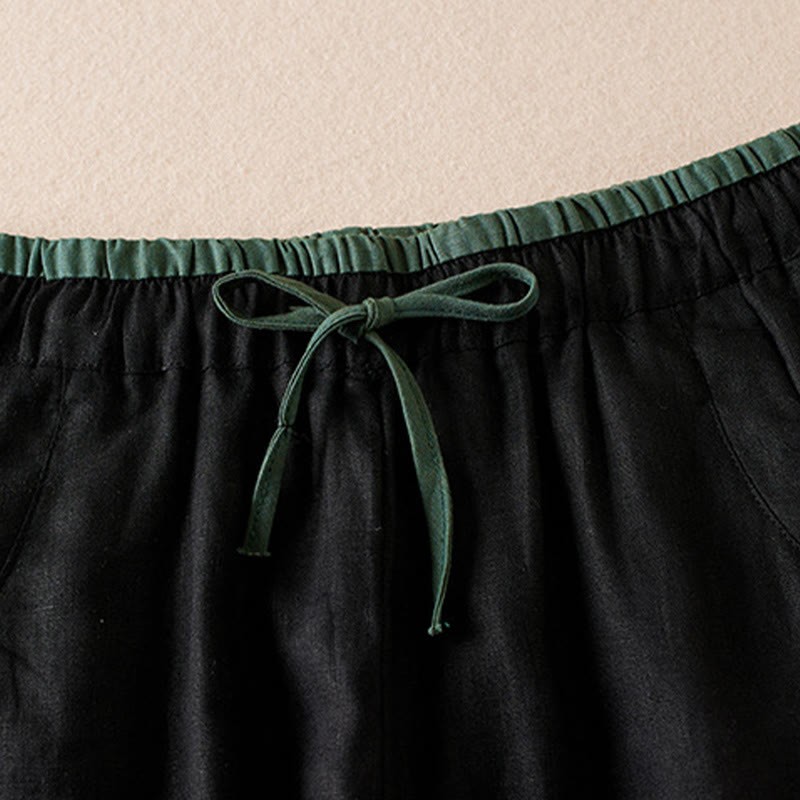 Wild Simple Design Embroidery Drawstring Cotton Linen Women's Shorts With Pockets