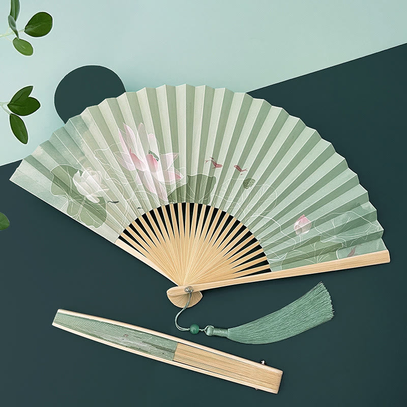 Lotus Flowers Leaf Koi Fish Handheld Paper Bamboo Folding Fan