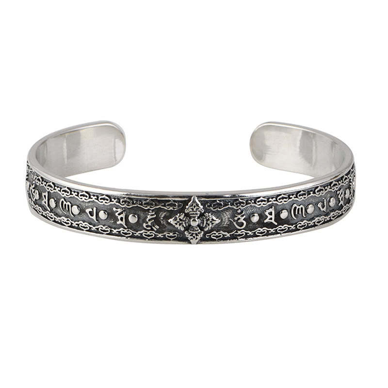 925 Sterling Silver Om Mani Padme Hum Double Dorje Engraved Wisdom Cuff Bracelet Bangle