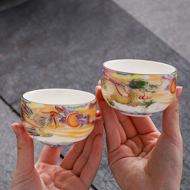 Dragon Phoenix Auspicious Clouds Sun Ocean Waves Ceramic Teacup Kung Fu Tea Cup