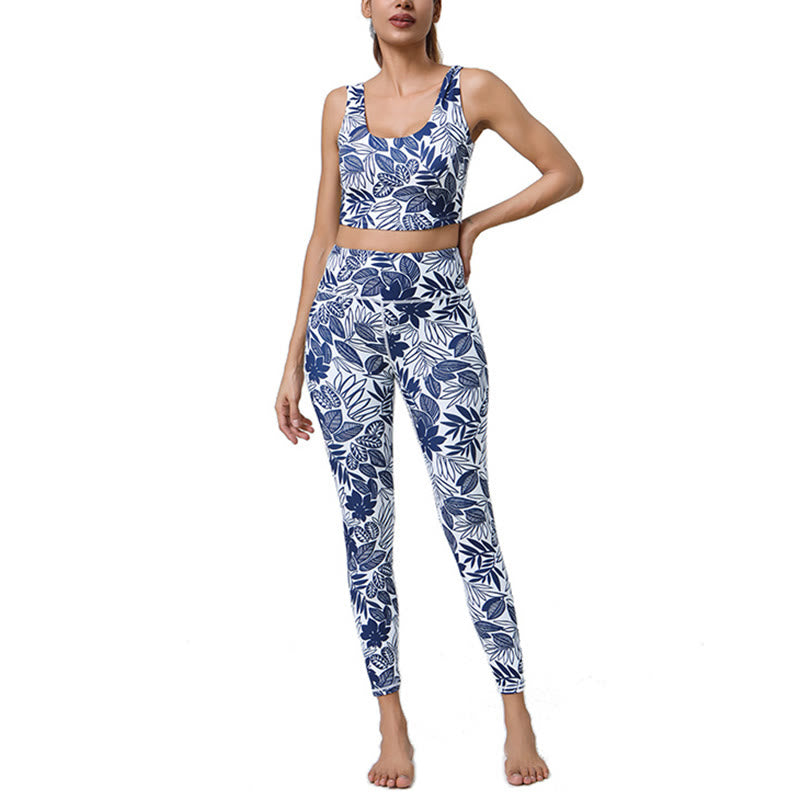 2Pcs Pineapple Grass Leaves Print Sports Fitness Crop Tank Bra High Waist Leggings Yoga Pants