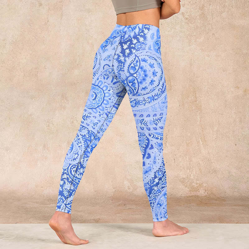 Persian Style RoyalBlue White Flowers Pattern Print Exercise Leggings Women's Yoga Pants