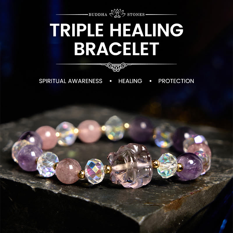 Amethyst Strawberry Quartz White Crystal Nine-tailed Fox Meditation Bracelet
