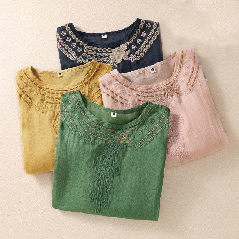Women's Crew Neck Hollow Design Half Sleeve Cotton Linen Shirt