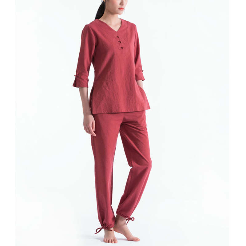 Yoga Meditation Prayer V-neck Design Cotton Linen Clothing Uniform Zen Practice Women's Set