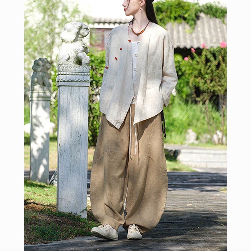 Solid Color Ramie Linen Loose Blouse Long Sleeve Shirt Chinese Hanfu Top