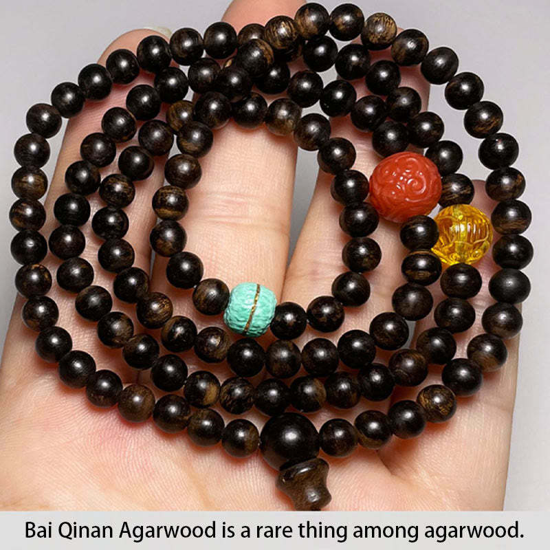 Nha Trang Bai Qinan Agarwood Turquoise Amber Red Agate Strength Meditation Bracelet