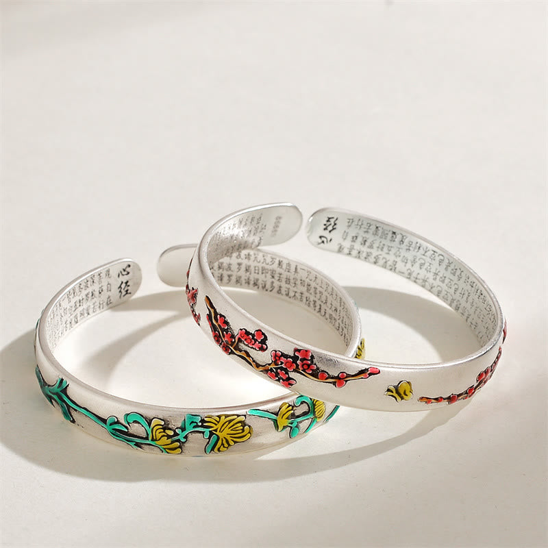 Plum Blossom Chrysanthemum Flower Design Heart Sutra Healing Bracelet Cuff Bangle
