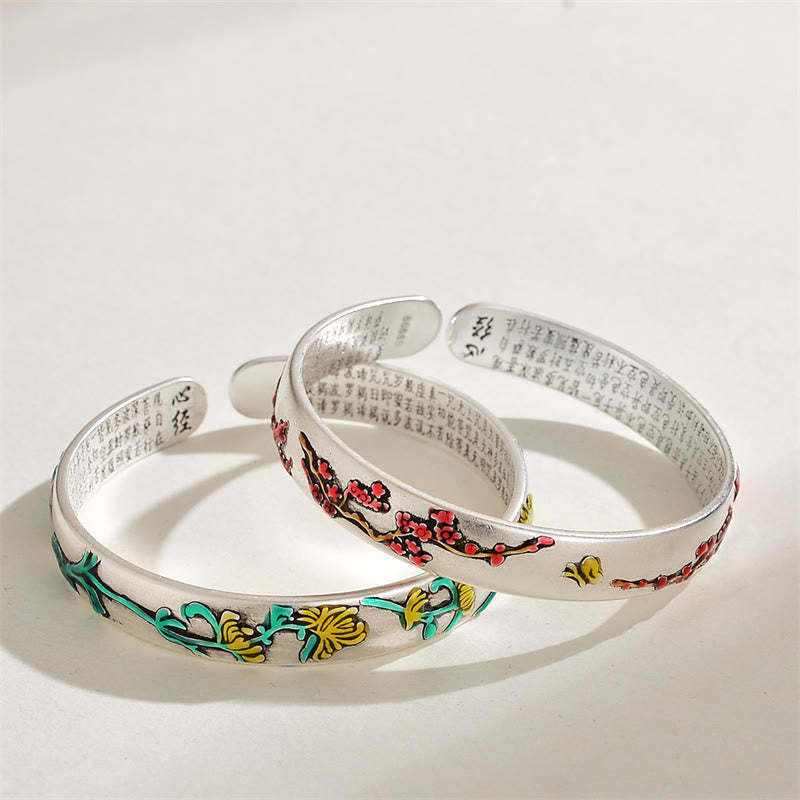 Plum Blossom Chrysanthemum Flower Design Heart Sutra Healing Bracelet Cuff Bangle