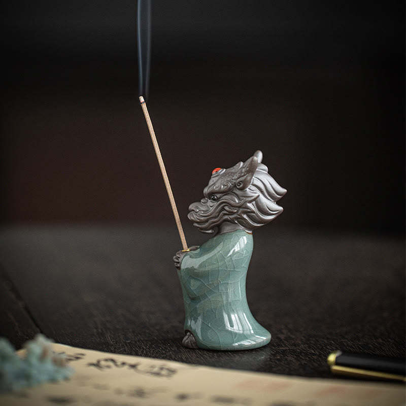 Praying Dragon King Lotus Base Fu Character Ceramic Healing Incense Burner Desk Decoration