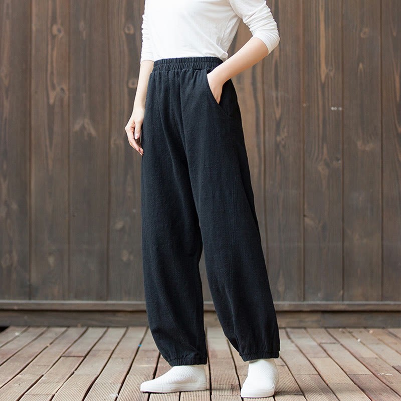 Casual Solid Plain Color Carrot Elastic Waistband Cotton Ramie Women's Pants With Pockets