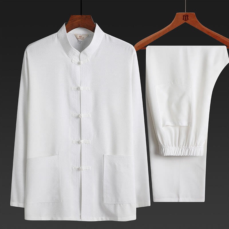 2Pcs Tang Suit Plain Color Frog-Button Men's Long Sleeve Shirt Pants Set
