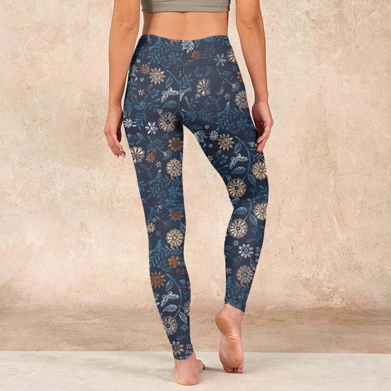 New York Aster Flowers Leaves Print Gym Fitness Leggings Women's Yoga Pants