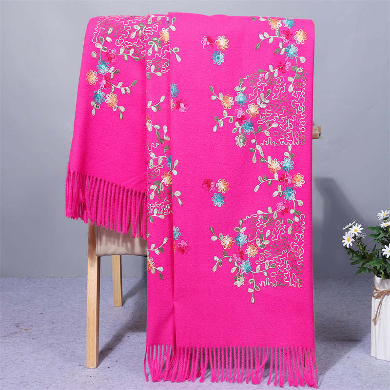 Rayon Fabric Shawl Colorful Small Flowers Embroidery Tassel Winter Cozy Travel Scarf Wrap