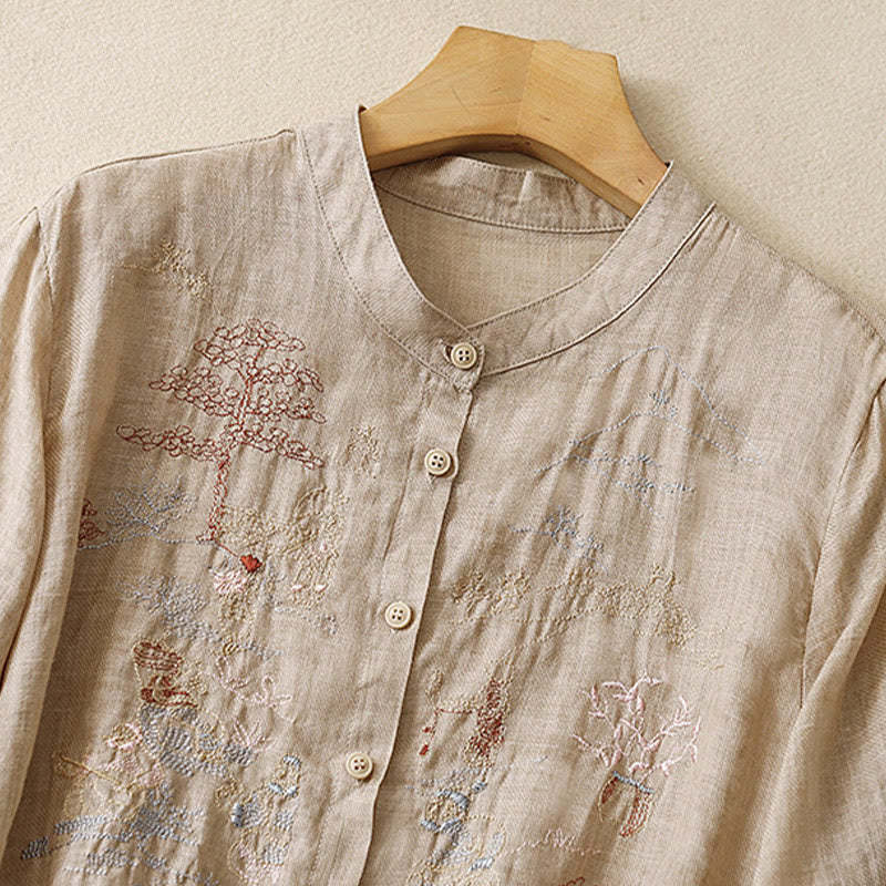 Casual Embroidered Plant Stand Collar Design Three Quarter Sleeve Women's Cotton Linen Shirt