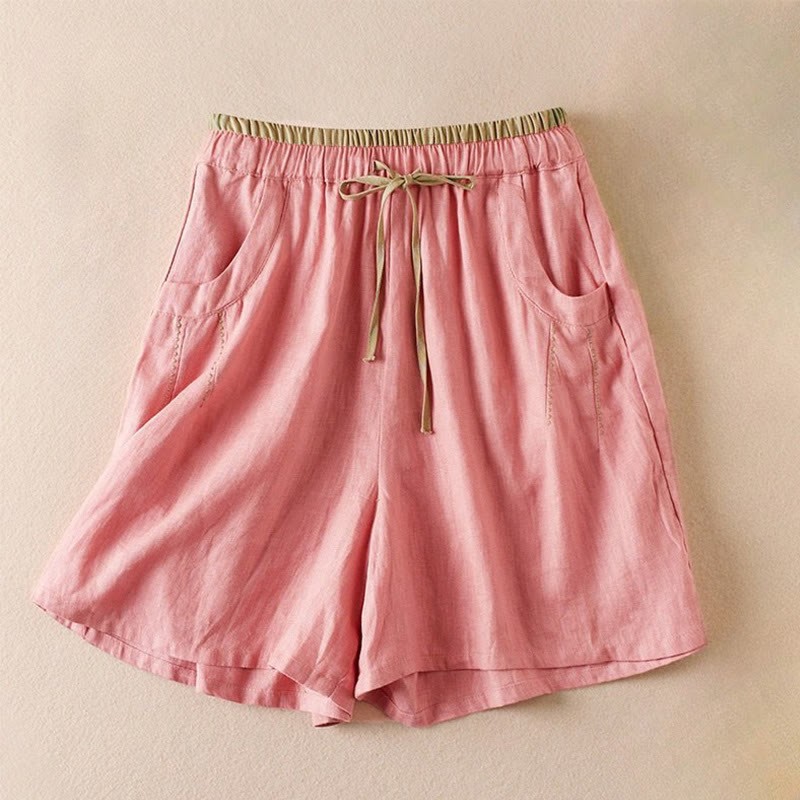 Wild Simple Design Embroidery Drawstring Cotton Linen Women's Shorts With Pockets