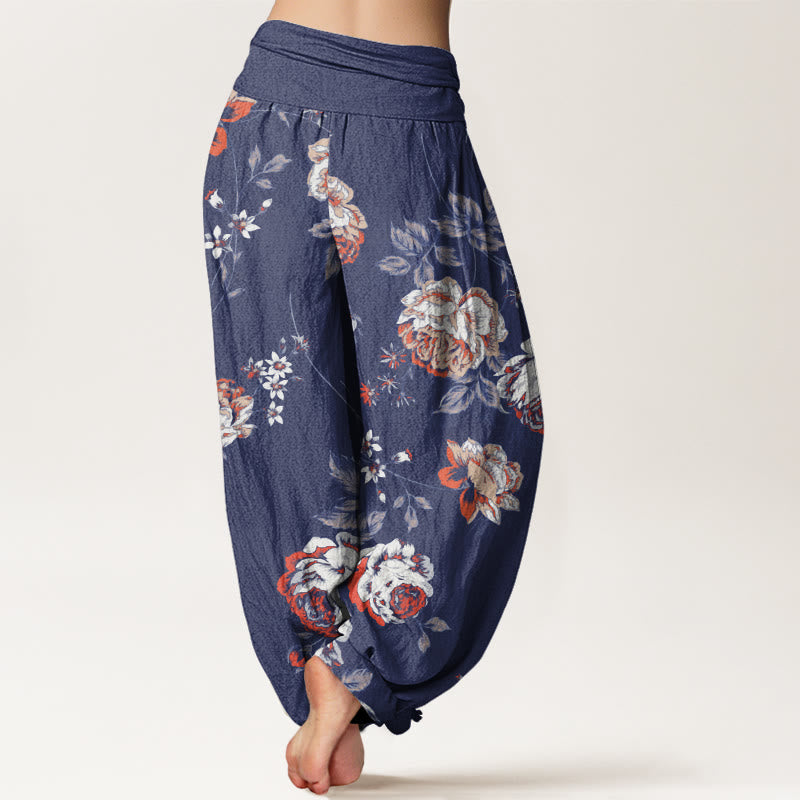 Casual Rose Leaf Pattern Women's Elastic Waist Harem Pants