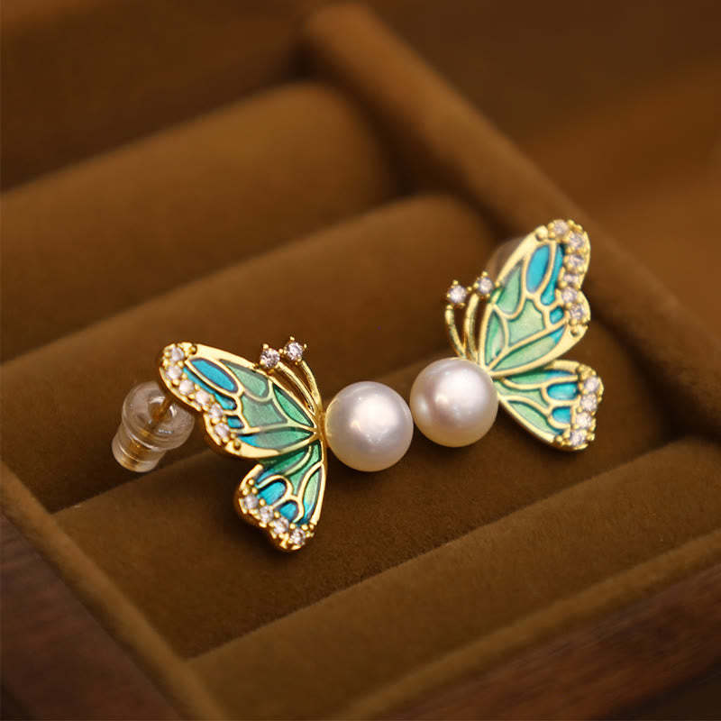 925 Sterling Silver Posts 18K Gold Plated Copper Natural Pearl Butterfly Healing Stud Earrings