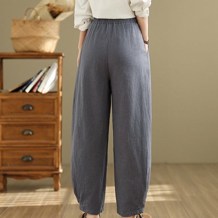 Casual Solid Color Tapered Elastic Waistband Cotton Linen Women's Pants With Pockets