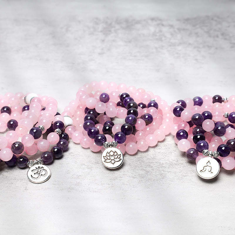 Natural Rose Quartz & Amethyst Mala Bead Lotus Pendant Bracelet