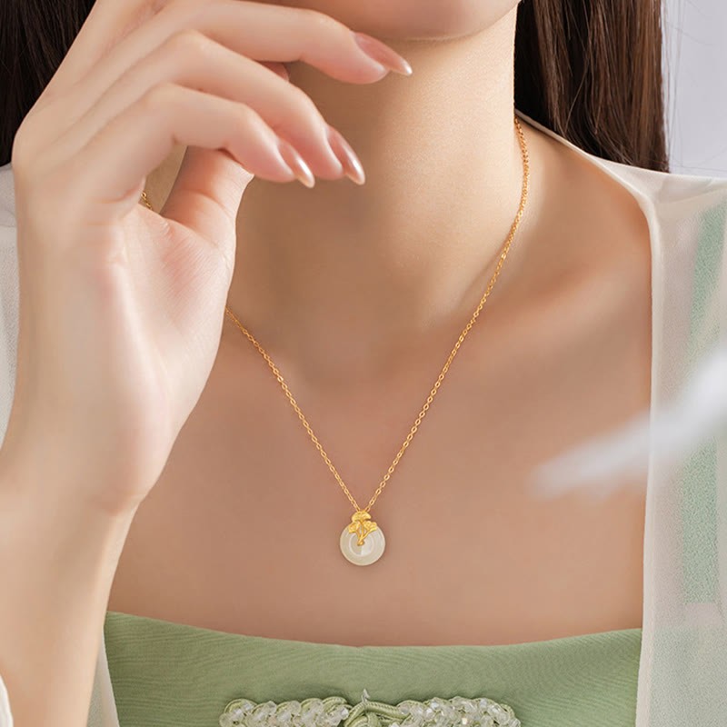 925 Sterling Silver Hetian Jade Ginkgo Leaves Prosperity Necklace Pendant