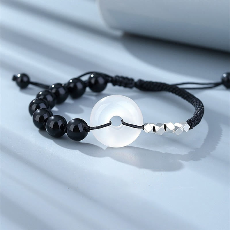 925 Sterling Silver Black Obsidian Agate Peace Buckle Strength Bracelet