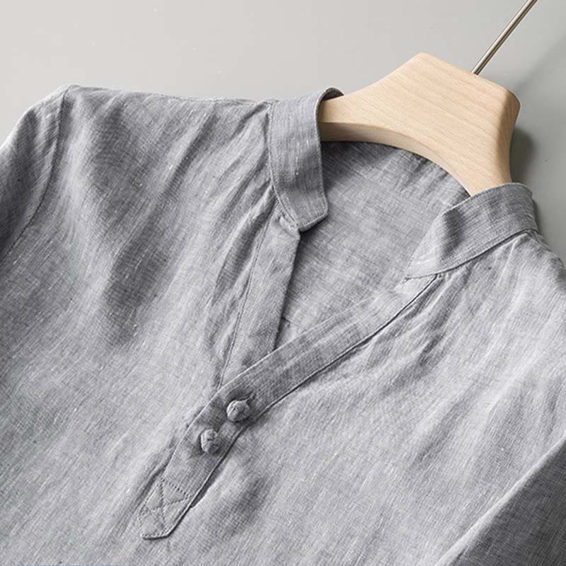 Knot Button Pure Color Cotton Linen Pullover Shirt