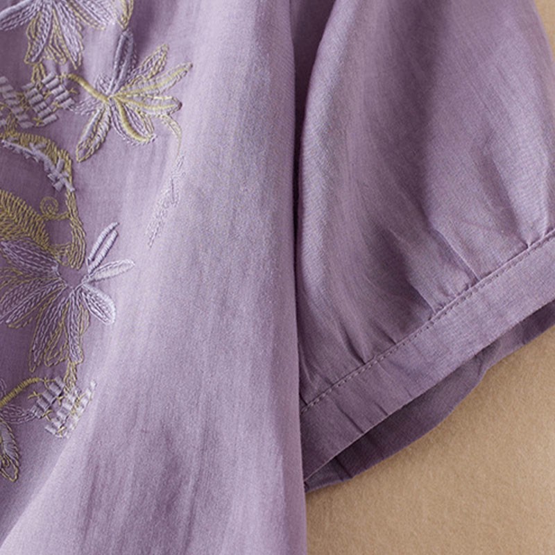 Casual Embroidery Plants Women's V-Neck Design Half Sleeve Cotton Blended Shirt