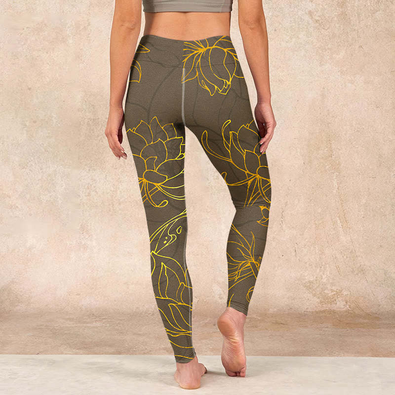 Yellowish Brown Lotus Flower Lotus Leaf Print Gym Leggings Women's Yoga Pants