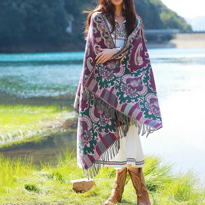 Tibetan Flowers Leaves Branch Design Tassel Shawl Cozy Travel Scarf Wrap