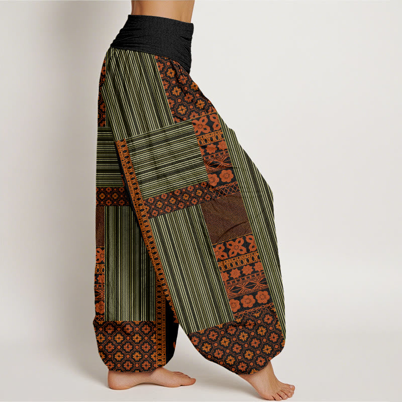 Stripe Square Floral Pattern Om Mani Padme Hum Women's Elastic Waist Harem Pants